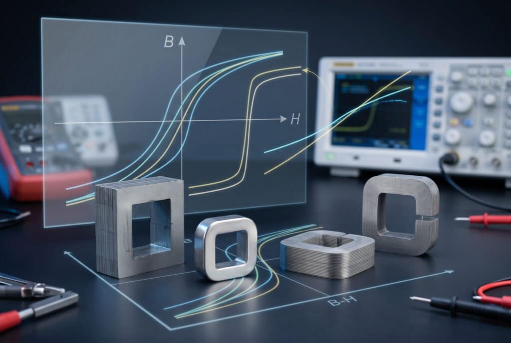 A detailed laboratory photograph comparing three distinct types of current transformer core materials (grain-oriented silicon steel, nickel-iron, and nanocrystalline) with an overlay of abstract B-H magnetization curves demonstrating the impact of material on curve sharpness and linearity, including the effect of an air gap.