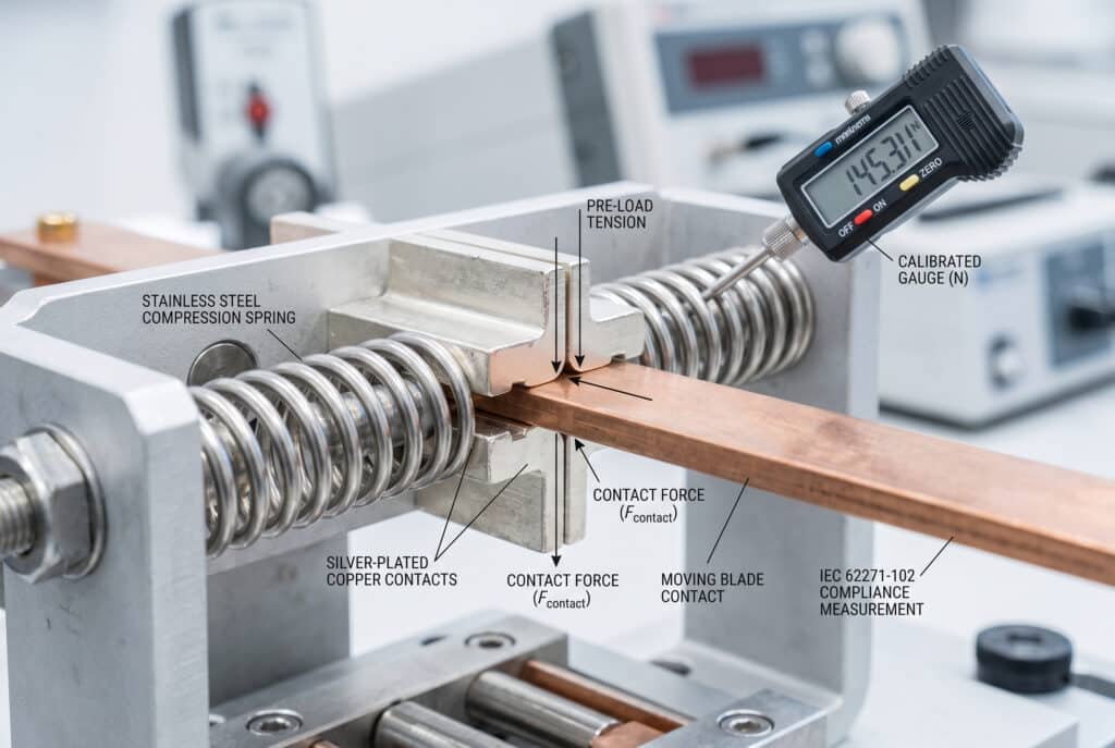 Detaillierte Makroaufnahme eines Mittelspannungs-Erdungsschalters mit Druckfedern aus rostfreiem Stahl, versilberten Kupferbacken, beweglichen Messerkontakten und einem kalibrierten digitalen Messgerät zur Messung der Spannung, das die Einhaltung der IEC 62271-102-Normen visuell demonstriert.