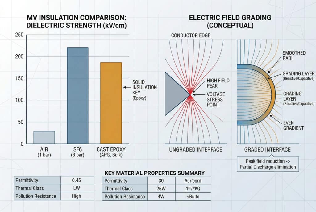 Um infográfico de visualização de dados técnicos que compara os meios de isolamento de média tensão: Ar, SF6 e epóxi fundido (APG). Apresenta um gráfico de barras de rigidez dieléctrica, diagramas conceptuais que ilustram a classificação do campo elétrico (não classificado vs. classificado) e uma tabela de resumo das propriedades do material. Apoia a comparação técnica e a descrição da função.