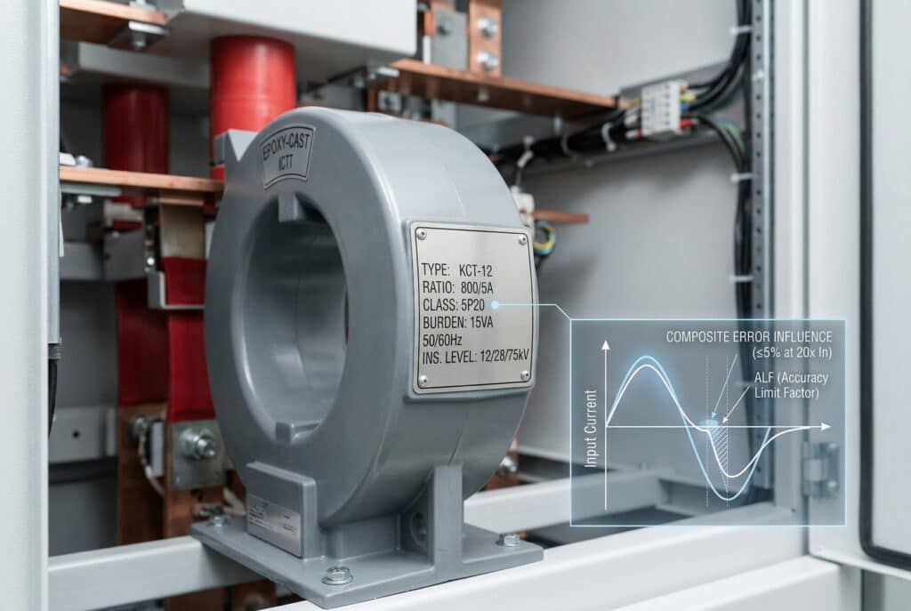 A technical close-up photograph of an epoxy-cast protection current transformer (CT) mounted inside a medium voltage switchgear cabinet. The CT nameplate is prominently featured, displaying critical specifications such as Class 5P20, Burden 15VA, and Ratio 800/5A. A digital overlay diagram illustrates how composite error influences the current waveform during high fault conditions, visually explaining the importance of proper CT selection for protection coordination.