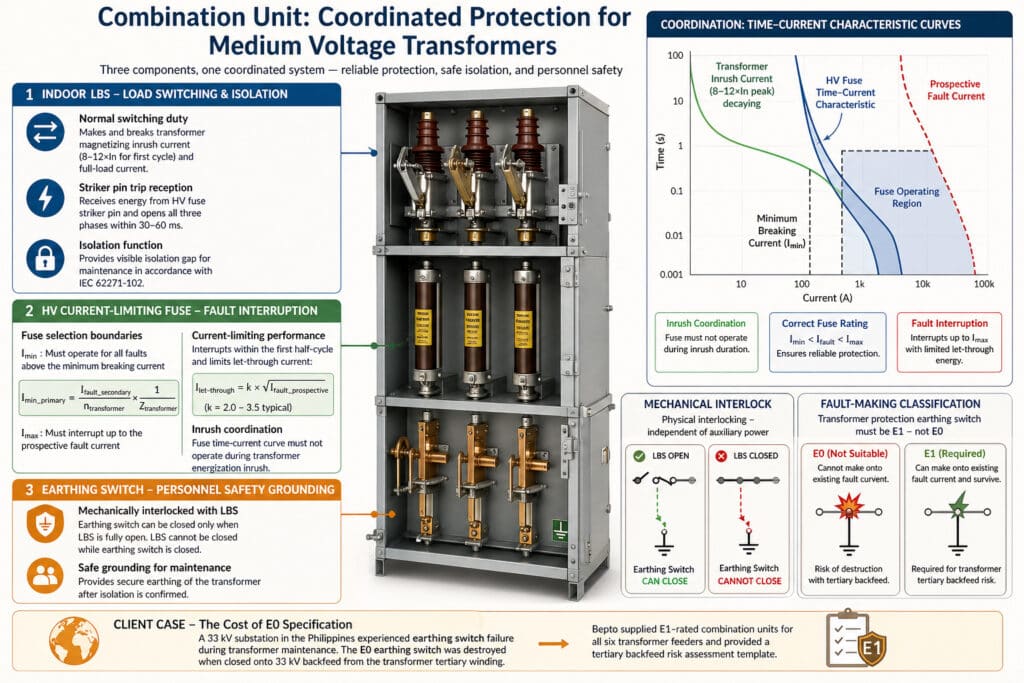 Technische Infografik, die zeigt, wie ein LBS für den Innenbereich, eine strombegrenzende HS-Sicherung und ein Erdungsschalter aufeinander abgestimmt sind, um Mittelspannungstransformatoren durch Lastschaltung, Sicherungsfehlerunterbrechung, mechanische Verriegelung und Sicherheitserdung der Klasse E1 zu schützen.