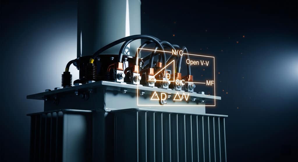 A detailed close-up of a medium voltage instrument transformer with robust epoxy insulation and copper terminals, featuring a subtle glowing open-delta V-V circuit schematic overlay to illustrate precision electrical measurement and ground fault detection in industrial power systems.