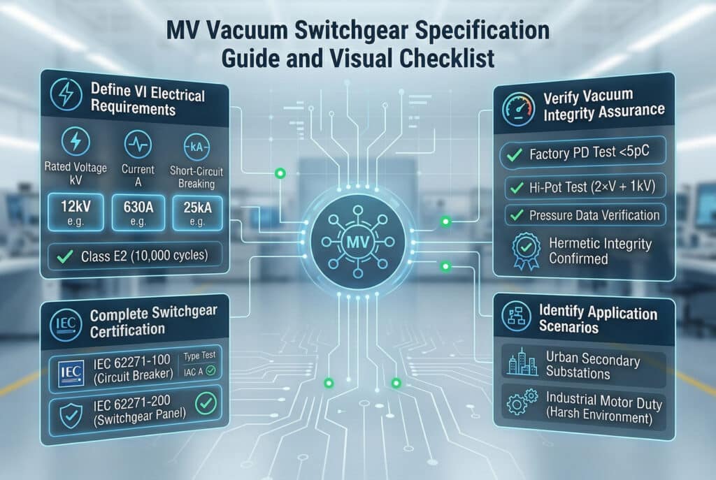 A detailed, all-digital medium voltage vacuum switchgear specification guide and data dashboard interface. The central part is an abstract data hub, and it is surrounded by four distinct, flat digital data modules. The top-left module, titled "Define VI Electrical Requirements," shows clean bar charts and data for "Rated Voltage 12kV (e.g.)", "Current 630A (e.g.)", and "Short-Circuit Breaking 25kA (e.g.)", with a green checkmark indicating "Class E2 (10,000 cycles)". The top-right module, titled "Verify Vacuum Integrity Assurance," lists "Factory PD Test <5pC [checkmark]", "Hi-Pot Test (2×V + 1kV) [checkmark]", "Pressure Data Verification [checkmark]", and "Hermetic Integrity Confirmed [checkmark]". The bottom-left module, titled "Complete Switchgear Certification," displays two data cards for "IEC 62271-100 (Circuit Breaker) [checkmark]" and "IEC 62271-200 (Switchgear Panel) [checkmark]", with sub-indicators for "Type Test" and "IAC A [checkmark]". The bottom-right module, titled "Identify Application Scenarios," lists "Urban Secondary Substations" and "Industrial Motor Duty (Harsh Environment)", each with a clean icon. The entire interface has a modern blue, green, and gold high-tech palette with flat icons and clean data flowing between all modules, against a blurred digital control room background. All numbers and text are accurate. No real people or product parts are visible.