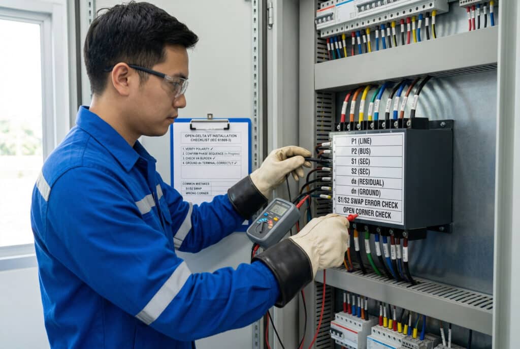 A photograph showing an East Asian male technician, wearing an electrical safety uniform and insulated gloves, carefully checking the secondary wiring of an open-delta VT bank in a medium-voltage electrical panel. He holds a phase rotation meter probe to the labeled terminals, S1, S2, da, dn, following a checklist titled 'OPEN-DELTA VT INSTALLATION CHECKLIST (IEC 61869-3)' attached to a clipboard inside the panel. Legible labels on the terminal block call out common checks: 'VERIFY POLARITY ✔', 'CONFIRM PHASE SEQUENCE (In Progress)', 'CHECK VA BURDEN ✔', 'GROUND dn TERMINAL CORRECTLY ✔', 'S1/S2 SWAP ERROR CHECK', and 'OPEN CORNER CHECK', illustrating the article's core concepts. Modern, clean switchgear components are visible, with neatly organized wiring and small labels on each wire, emphasizing correct labeling discipline. Natural light illuminates the focused scene.