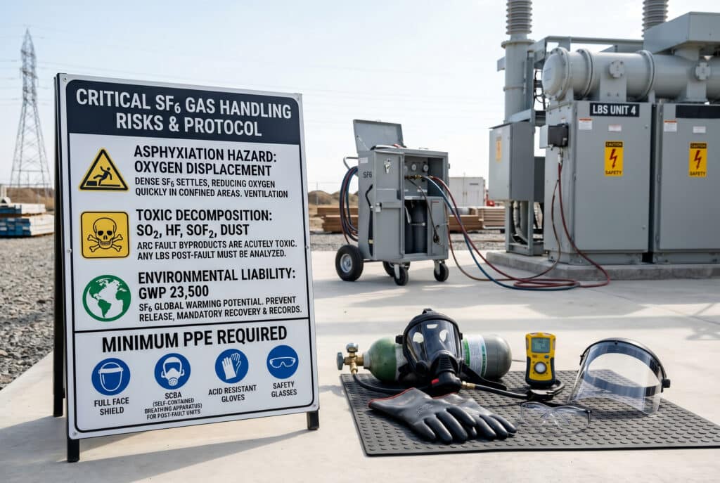 O fotografie detaliată a unui cărucior mobil de service pentru gaz SF6, care prezintă panoul de control, compresorul și butelia de gaz, conectate prin furtunuri rezistente la o unitate LBS de comutație izolată cu gaz dintr-o substație exterioară în timpul unei modernizări a rețelei.
