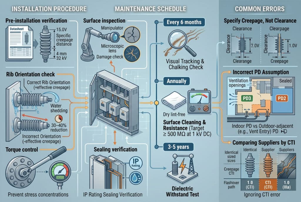 Kompleksowa infografika inżynieryjna podzielona na trzy sekcje: Procedura instalacji, Harmonogram konserwacji i Najczęstsze błędy. Zawiera ona szczegółowe informacje na temat kluczowych kroków dotyczących formowanej izolacji, w tym orientacji żeber, kontroli momentu obrotowego, kontroli opartych na osi czasu (6 miesięcy, rok, 3-5 lat) oraz wizualnych porównań typowych specyfikacji i błędów instalacji.