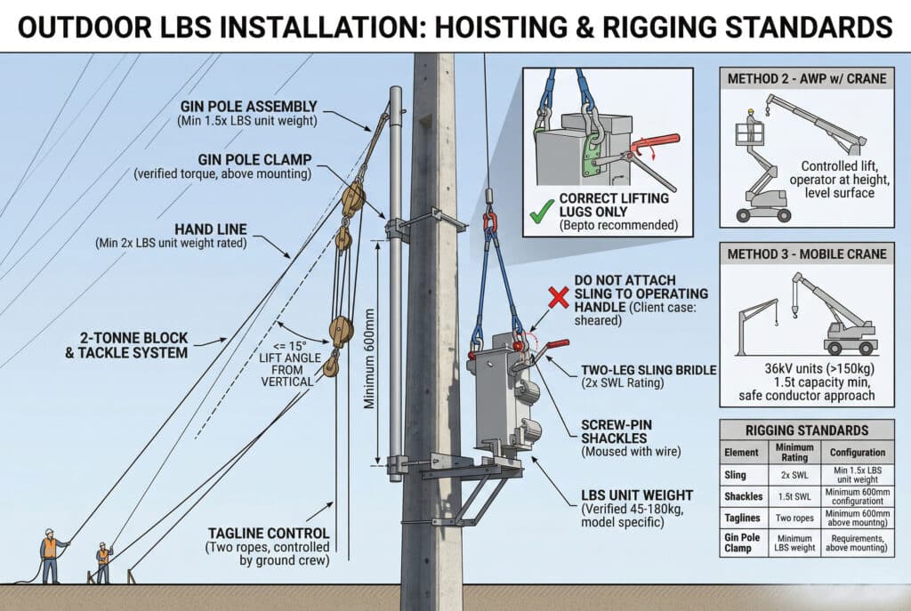 Beton bir direğe dış mekan Yük Ayırıcı Anahtar (LBS) montajı için uygun kaldırma ve donanım standartlarını gösteren ayrıntılı bir teknik infografik. Uygun kelepçe konumlandırması ve etiket çizgisi kontrolü ile doğru çırçır direği kaldırma yöntemini vurgular. Görselde, sapanların yalnızca üretici kaldırma pabuçlarına bağlanmasını vurgulamak için büyütülmüş ayrıntılar kullanılmakta ve bir müşteri vakası arızasına atıfta bulunarak çalıştırma koluna bağlanmaması konusunda açıkça uyarılmaktadır. Ayrıca diğer kurulum yöntemleri (Vinçli AWP ve Mobil Vinç) ile ilgili bölümler ve sapanlar, prangalar, halatlar ve çırçır direği kelepçeleri için minimum gereksinimleri içeren kapsamlı bir "KURMA STANDARTLARI" tablosu içerir. Sağ alt köşede bir Bepto logosu bulunmaktadır.