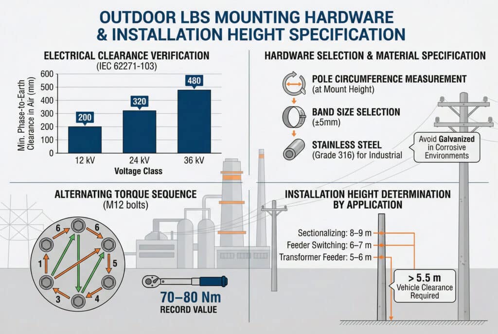Dış Mekan LBS (Yük Ayırma Anahtarı) Montaj Donanımı ve Kurulum Yüksekliği Spesifikasyonunu detaylandıran dört bölümlü teknik bilgi grafiği. 12kV, 24kV ve 36kV değerleri ile Elektriksel Açıklık Doğrulaması (IEC 62271-103) için veri çizelgeleri içerir. Bunun yanında, bir donanım seçimi akış şeması Kutup Çevresi Ölçümü, Bant Boyutu Seçimi (±5mm) ve endüstriyel kullanım için 316 Sınıf Paslanmaz Çelik kullanımını elektrik direklerine ve bir işleme tesisine karşı belirtir. Alt kısımda M12 cıvatalarda Alternatif Tork Sırası (70-80 Nm kayıt değeri) ve 5-6m (Trafo Besleyici), 6-7m (Besleyici Anahtarlama) ve 8-9m (Seksiyonelleştirme) yükseklikleri görselleştiren Uygulamaya Göre Kurulum Yüksekliği Belirleme şemaları yer almaktadır ve > 5,5m gerekli araç boşluğu bulunmaktadır.