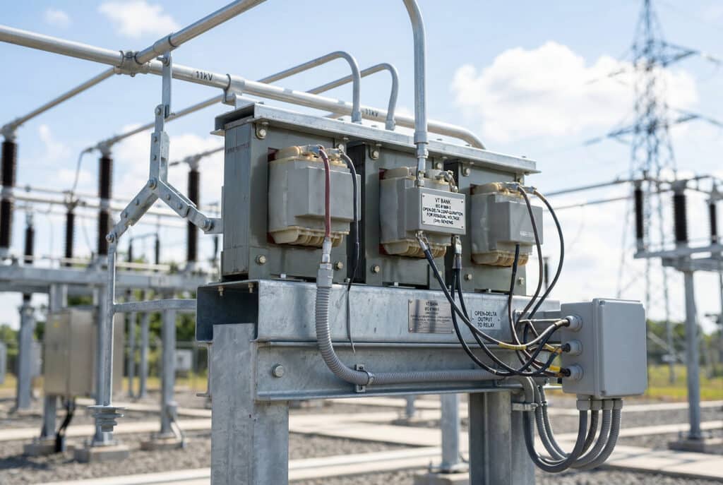 A detailed close-up view of a three-phase voltage transformer bank in an outdoor medium-voltage substation, highlighting the open-delta connection wiring and its application for earth fault protection.