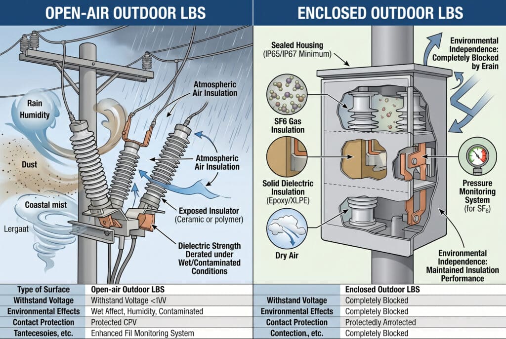 Un diagramme comparatif détaillé montre un LBS extérieur à l'air libre avec de grands isolateurs exposés et une isolation à l'air, vulnérable à la pluie et à la pollution, et un LBS extérieur fermé doté d'un boîtier scellé avec une isolation gazeuse ou solide qui assure l'indépendance environnementale pour maintenir les performances et la protection des contacts, sur la base des normes CEI.