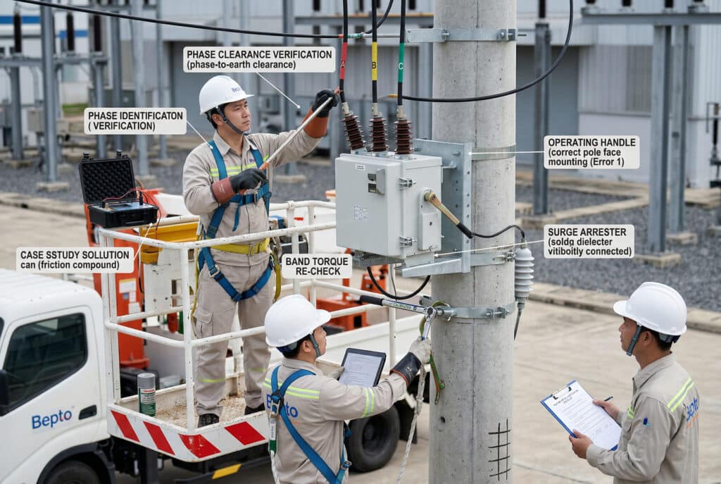 Bir dış mekan orta gerilim endüstriyel tesis kurulumunda çekilmiş profesyonel bir fotoğraf. Direğe monte edilmiş bir Yük Ayırıcı Anahtar (LBS) üzerinde kurulum sonrası önemli güvenlik doğrulamaları yapan iki mühendisi gösteriyor. Yalıtımlı eldivenler ve emniyet kemeri giyen Çinli bir Bepto mühendisi, doğru direk yüzünün yaklaşım tarafındaki renkli iletkenlerin (Faz A, B, C olarak işaretlenmiş) her biri için faz-toprak açıklığını doğrulamak için kalibre edilmiş bir ölçüm çubuğu kullanıyor. Yerdeki ikinci bir Vietnamlı Bepto mühendisi, 5 noktalı doğrulama kontrol listesini içeren bir panodaki Vietnam vaka çalışması notlarına atıfta bulunarak, direk bandı torkunu yeniden kontrol etmek için tırmanma kancaları ve üzerinde görünür bir 'KALİBRE EDİLMİŞ' etiketi bulunan kalibre edilmiş bir tork anahtarı kullanır. Çalıştırma kolu operatör tarafında açıkça görülebilir ve doğru kurulumu gösterir. Tüm ölçümler, makalenin kontrol listeleriyle anlamsal bağlantıları gösteren temel ölçümlerdir. Tüm sahne hassas, profesyonel ve doğru Bepto logolarıyla görsel olarak uyumludur.