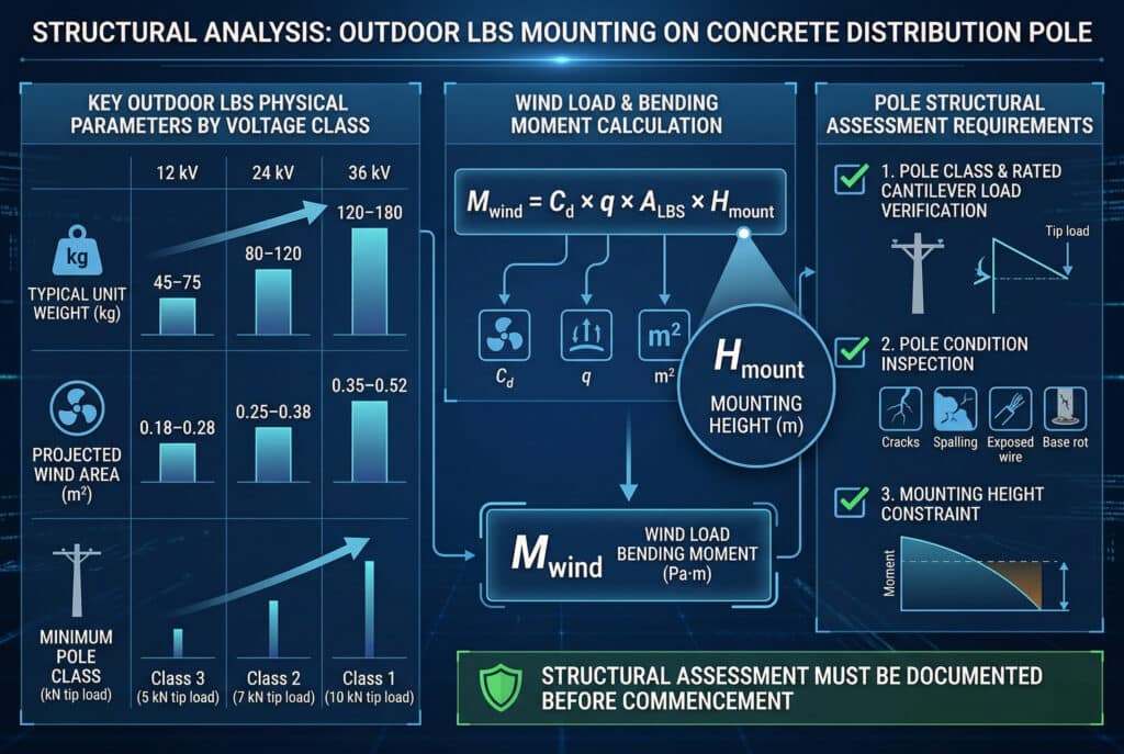 Beton bir dağıtım direğine dış mekan Yük Ayırıcı Anahtar (LBS) montajı için yapısal analizi özetleyen ayrıntılı bir teknik kılavuz infografik. Temel LBS fiziksel parametrelerini (birim ağırlık, öngörülen rüzgar alanı, minimum direk sınıfı) 12kV, 24kV ve 36kV için karşılaştırır ve tüm değerlerin voltajla birlikte arttığını gösterir. Merkezi bir hesaplama diyagramı, sürükleme katsayısı ($C_d$), basınç ($q$), LBS alanı ($A_{LBS}$) ve montaj yüksekliği ($H_{mount}$) gibi parametreleri kullanarak rüzgar yükü ($M_{wind}$) hesaplamasını detaylandırır. Son bir kontrol listesi, sınıf doğrulaması, durum incelemesi (çatlaklar ve çürüme dahil) ve montaj yüksekliği kısıtlamaları için direk yapısal değerlendirme gereksinimlerini belirtir.