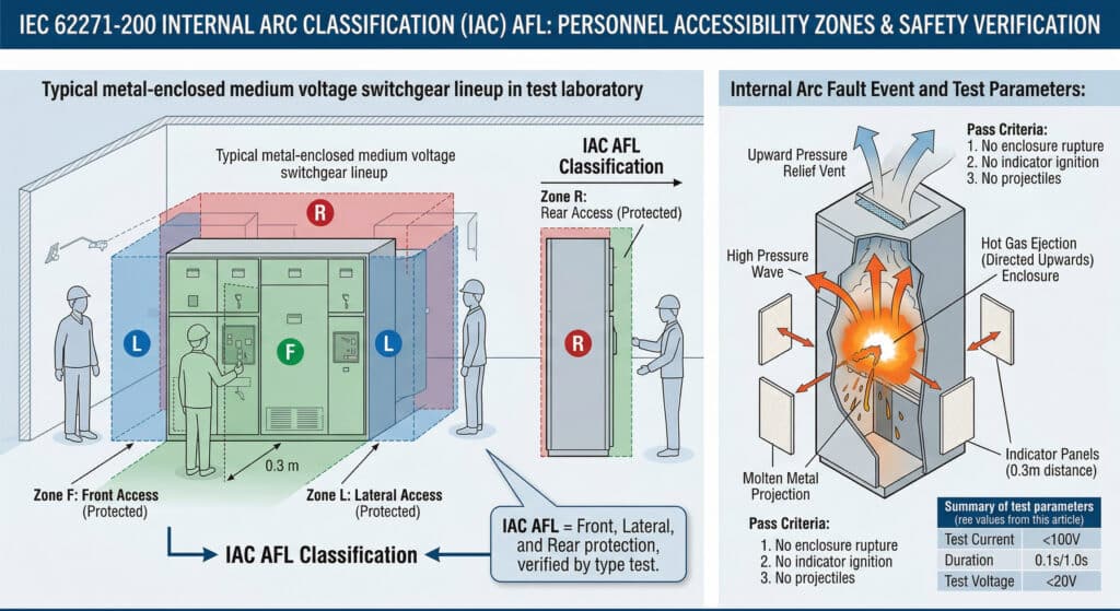แผนภาพอินโฟกราฟิกทางเทคนิคที่แสดงแนวคิดการจำแนกประเภทของอาร์คภายใน (Internal Arc Classification: IAC) สำหรับอุปกรณ์สวิตช์เกียร์แรงดันปานกลาง ตามมาตรฐาน IEC 62271-200แผนภาพนี้กำหนดโซนการเข้าถึงด้านหน้า (F) ด้านข้าง (L) และด้านหลัง (R) (แสดงด้วยสีตามพื้นที่ป้องกัน) รอบแผงสวิตช์เกียร์ พร้อมแสดงภาพสัญลักษณ์ผู้ปฏิบัติงานตามระยะห่างที่กำหนด 0.3 เมตร นอกจากนี้ยังแสดงทิศทางขึ้นของผลกระทบจากข้อผิดพลาดที่เป็นอันตราย (แรงดัน ก๊าซร้อน โลหะหลอมเหลว) ผ่านช่องระบายแรงดันที่เปิดใช้งาน โดยเปรียบเทียบกับเกณฑ์การผ่านแนวนอนที่กำหนดโดยแผงแสดงสัญญาณ.