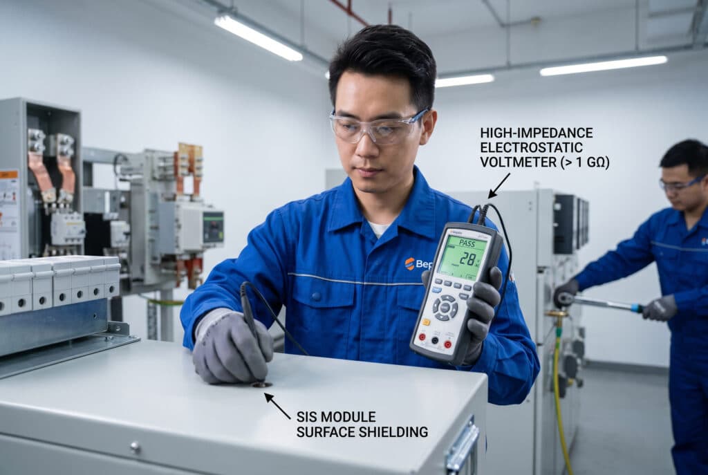 A focused East Asian technician in PPE meticulously uses a high-impedance electrostatic voltmeter, which shows a reading of '28 V AC' with a 'PASS' status, to measure the surface touch voltage on a Solid Insulation Switchgear (SIS) module within a modern substation. Explanatory text callouts point to key components, illustrating precise maintenance to prevent common errors that compromise surface shielding.