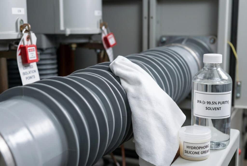 Macrophotographie détaillant l'application précise d'alcool isopropylique (IPA) sur la surface nervurée en résine époxy d'un cylindre isolant VS1 à l'aide d'un chiffon en microfibres. La procédure se déroule à l'intérieur d'une armoire électrique ouverte pendant un arrêt de maintenance hors tension, avec un texte clair sur une petite bouteille de solvant (IPA (≥ 99,5% PURITY)) et des étiquettes Lockout/Tagout (LOTO) visibles sur les points d'isolation dans l'arrière-plan flou.