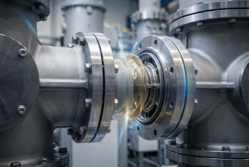 Una detallada fotografía industrial en primer plano que capta la compleja conexión de las piezas de aislamiento de gas SF6 dentro de un conjunto GIS de alta tensión. Se centra en las bridas metálicas mecanizadas con precisión y en el casquillo aislante translúcido de forma intrincada, con sutiles refracciones de luz que insinúan el rendimiento de alta tensión. No hay cifras ni tablas de datos, lo que enfatiza la precisión y la robustez de la construcción.