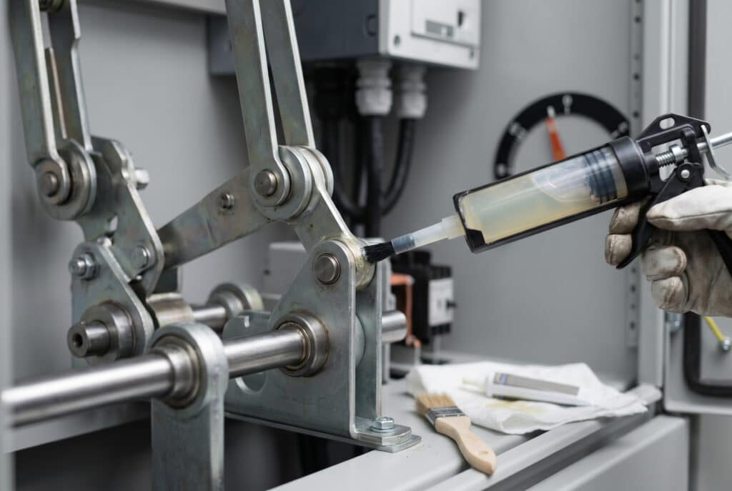 Bir teknisyenin eldivenli tek elini, fırça aplikatörü ile temiz bir iç mekan ayırıcı şalter bağlantı mekanizmasının merkezi pivot mafsalına hassas bir şekilde özel gres yağı uygularken yakalayan, prosedür kılavuzlarında açıklandığı gibi, orta gerilim endüstriyel şalt bölmesinde güvenilir mekanik çalışma sağlamak için kaba kuvvet yerine hassas bakımı vurgulayan oldukça odaklanmış bir yakın çekim fotoğraf. Başka hiçbir insan veya dikkat dağıtıcı unsur bulunmamaktadır.