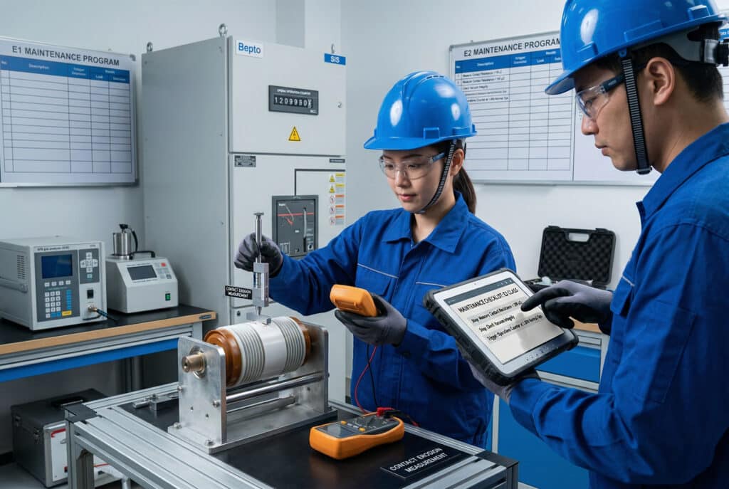 青い作業服、硬い帽子、安全眼鏡、手袋を着用した2人の東アジア顔（中国人の特徴）の保守エンジニアが、専門的な高圧開閉装置の作業場で作業している。一人の女性エンジニアは、デジタルマルチメーターと接点侵食深度計を使って、SIS（固体絶縁開閉装置）パネルから取り外された真空遮断接点アセンブリを測定している。彼女は集中している。もう一人の男性エンジニアは、頑丈な工業用タブレットを持ち、英文がはっきりと表示された画面を指差している：「メンテナンス・チェックリスト：E2 CLASS "とサブ項目がある。切断された真空遮断器や、SF6ガス分析器（GIS用）、真空リークディテクター（SIS用）などの診断ツールは、近くの作業台の上にある。背後では、BeptoブランドのSISパネルのような高圧開閉器キャビネットが整備されている。測定器の近くに「CONTACT EROSION MEASUREMENT」の文字。見出しのついたメンテナンススケジュール板：「E1 MAINTENANCE PROGRAM」と「E2 MAINTENANCE PROGRAM」と書かれたメンテナンス・スケジュールのボード。.