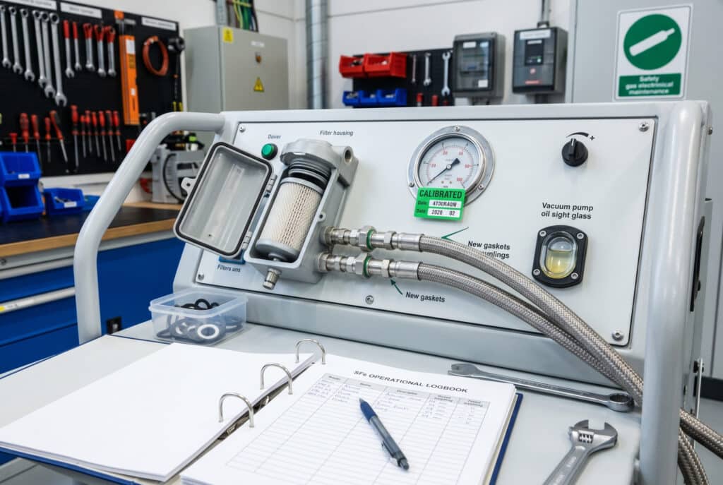 Fotografie detaliată într-un atelier de întreținere a unui cărucior avansat de reumplere cu gaz SF6 în curs de inspecție, cu accent pe panoul principal care prezintă un manometru recent calibrat cu un autocolant verde, un cartuș nou de filtru cu sită moleculară în carcasa sa, un vizor de ulei curat pentru pompa de vid și un jurnal deschis intitulat "SF6 OPERATIONAL LOGBOOK" pentru documentare. Uneltele și un semn de siguranță cu simbolul gazului sunt vizibile în fundal. Nu sunt persoane în cadru.