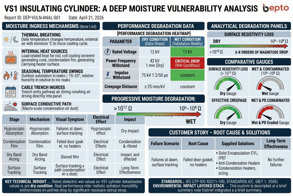 Une visualisation technique en coupe d'un cylindre isolant VS1, basée sur le modèle sans coupe, se tient debout à l'intérieur d'une armoire de distribution de moyenne tension propre et professionnelle. La coupe révèle l'interrupteur à vide interne détaillé et le noyau d'encapsulation solide en époxy APG. L'extérieur complexe et nervuré du SMC/BMC texturé est recouvert de gouttelettes d'eau et d'un film d'humidité continu, étiqueté [CONDENSATION FILM FORMATION (Stage 2)]. Les zones de condensation localisées sur les nervures sont étiquetées [ABSORPTION DE LA SURFACE HYGROSCOPIQUE (stade 1)]. A des points clés le long du chemin de fuite nervuré, des effets d'arc localisés indiquent [DRY BAND ARCING & PD INITIATION (Stage 3)]. Des panneaux d'appel avec une loupe indiquent la surface avec une échelle de résistivité logarithmique allant de > 10^12 Ohm à 10^6-10^8 Ohm. Les jauges comparent la [PERTE DE RESISTIVITE DE LA SURFACE] (sèche ou humide) et la [DISTANCE DE CREEPAGE EFFICACE] (sèche ou humide et érodée par le DP). Toutes les icônes du graphique original illustrent les sources. Le logo 'bepto' est visible. Un tableau de données en bas de page met en contraste 'VS1 INSULATING CYLINDER : DRY VS. WET CONDITIONS' pour les paramètres : Résistivité de surface, courant de fuite, niveau de décharge partielle, risque d'embrasement, distance de fuite effective, état de fonctionnement sûr.