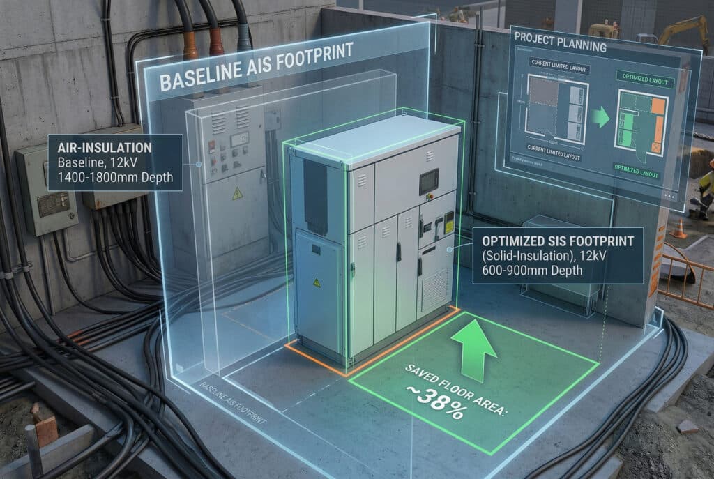 Uma visualização técnica precisa de uma unidade de painel de distribuição de polo embutido com isolamento sólido compacto em um local de atualização brownfield, com sobreposições digitais que quantificam a economia de espaço em comparação com uma linha de base com isolamento a ar. Uma moldura grande e translúcida mostra o espaço necessário para um projeto típico com isolamento a ar, rotulado como "BASELINE AIS FOOTPRINT", enquanto a unidade SIS menor é rotulada como "OPTIMIZED SIS FOOTPRINT". Uma área destacada com uma seta verde apontando para cima indica "SAVED FLOOR AREA: ~38%", fazendo referência aos dados das tabelas de comparação. Os diagramas de planejamento do projeto em paredes antigas enfatizam as restrições espaciais apertadas.