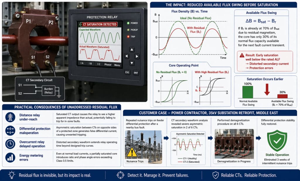 Kalıntı manyetizmanın mevcut CT akı salınımını nasıl azalttığını, erken çekirdek doygunluğuna neden olduğunu, sekonder akım dalga formlarını nasıl bozduğunu ve trafo merkezlerinde röle yetersiz erişimine, diferansiyel korumanın hatalı çalışmasına, gecikmeli aşırı akım açmasına ve ölçüm hatalarına nasıl yol açtığını açıklayan teknik infografik.