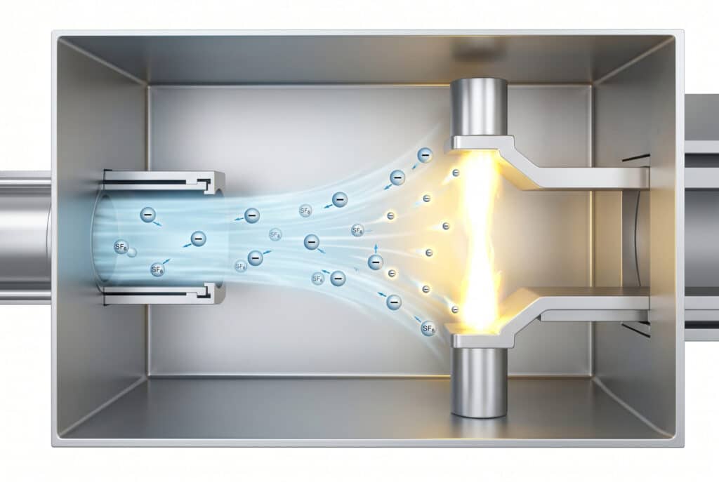Szczegółowa ilustracja mechanizmu wyłącznika gazowego GIS pokazująca przepływ gazu SF6 przez łuk elektryczny podczas przerwy, gasząc go.
