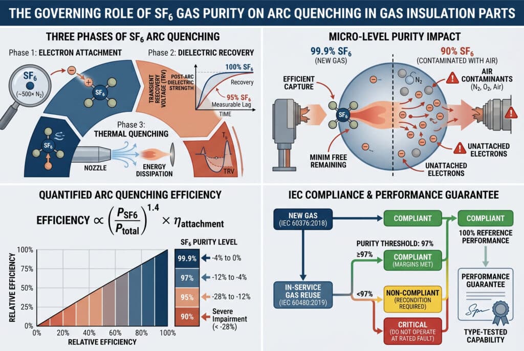 Multi-panel scientific visualization, structured as a 3:2 aspect ratio technical diagram, illustrating how SF6 gas purity governs arc quenching. It details the 'Three Phases of Arc Quenching' (Electron Attachment, Dielectric Recovery, Thermal Quenching), provides a comparison of 'Purity Impact' (99.9% vs 90%), calculates 'Quantified Efficiency', and outlines a decision path for 'IEC Compliance & Performance Guarantee'. The graphic uses deep blues for SF6, oranges for plasma, and grey for contaminants. All labels and values are precise and i18n English. No humans are present.