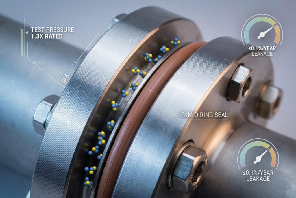 Vista en primer plano de una interfaz de junta tórica de FKM crucial dentro de un conjunto de aislamiento de gas SF6, que demuestra la compresión precisa y la integridad del material que garantizan el cumplimiento de las emisiones.