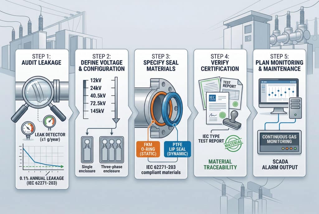 Una visualización técnica de varias etapas que detalla el proceso de 5 pasos para auditar, definir, especificar, verificar y planificar la selección y actualización de piezas de aislamiento de gas SF6 para el cumplimiento de la norma IEC, incluidos ejemplos de juntas tóricas de FKM y datos de supervisión continua.