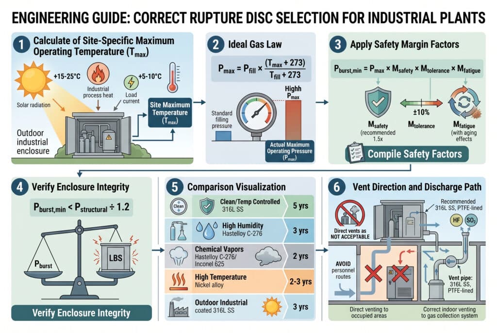An integrated technical infographic, in a 3:2 landscape ratio, detailing a six-step engineering calculation process for correctly selecting SF6 LBS rupture disc safety margins for industrial plants. The image uses a non-split, modern infographic style, blending illustrative elements and data visualizations. It sequentially shows calculating Site-Specific Maximum Operating Temperature (T_max), deriving Temperature-Corrected Maximum Operating Pressure (P_max) via the Ideal Gas Law, applying compile Safety Factors (Msafety, Mtolerance, Mfatigue) into the Pburst equation, verifying enclosure integrity against Pstructural, contrasting optimal disc materials and inspection intervals across diverse industrial environments (clean, humid, chemical, high temperature, outdoor) via a comparative chart, and specifying critical vent direction parameters to direct toxic products away from personnel routes and adjacent live equipment.