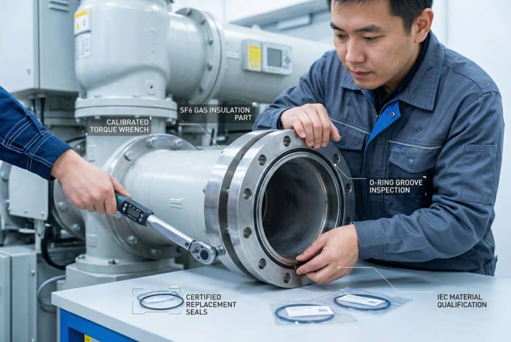 Un técnico de Asia oriental con ropa de trabajo profesional realiza cuidadosamente una verificación precisa del par de apriete en una brida de una pieza de aislamiento de gas SF6 utilizando una llave dinamométrica digital, con nuevas juntas tóricas de FKM selladas y herramientas de inspección claramente visibles en una estera limpia cercana.