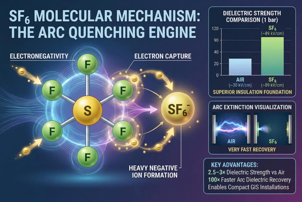 Una infografía científica ilustra detalladamente las propiedades físicas del gas SF6 que lo convierten en un aislante eléctrico y un apagador de arcos superior al aire. El gráfico central muestra la estructura molecular octaédrica del SF6 (hexafluoruro de azufre) capturando agresivamente electrones libres debido a su alta electronegatividad, transformándolos en grandes iones negativos de movimiento lento. Este mecanismo electrónico es la causa directa de su excepcional rendimiento en la extinción de arcos. Los paneles laterales comparan la rigidez dieléctrica del SF6 con la del aire a 1 bar, revelando que es casi tres veces más fuerte (89 kV/cm frente a 30 kV/cm), y demuestran la rápida velocidad de recuperación del arco, mostrando que es 100 veces más rápido que el aire, permitiendo diseños de equipos eléctricos compactos y altamente eficientes.