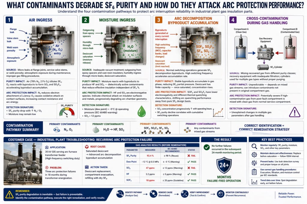 Technical infographic explaining the four contamination pathways that degrade SF₆ purity in gas insulation parts—air ingress, moisture ingress, arc decomposition byproduct accumulation, and cross-contamination during gas handling—and how each one weakens arc protection performance.