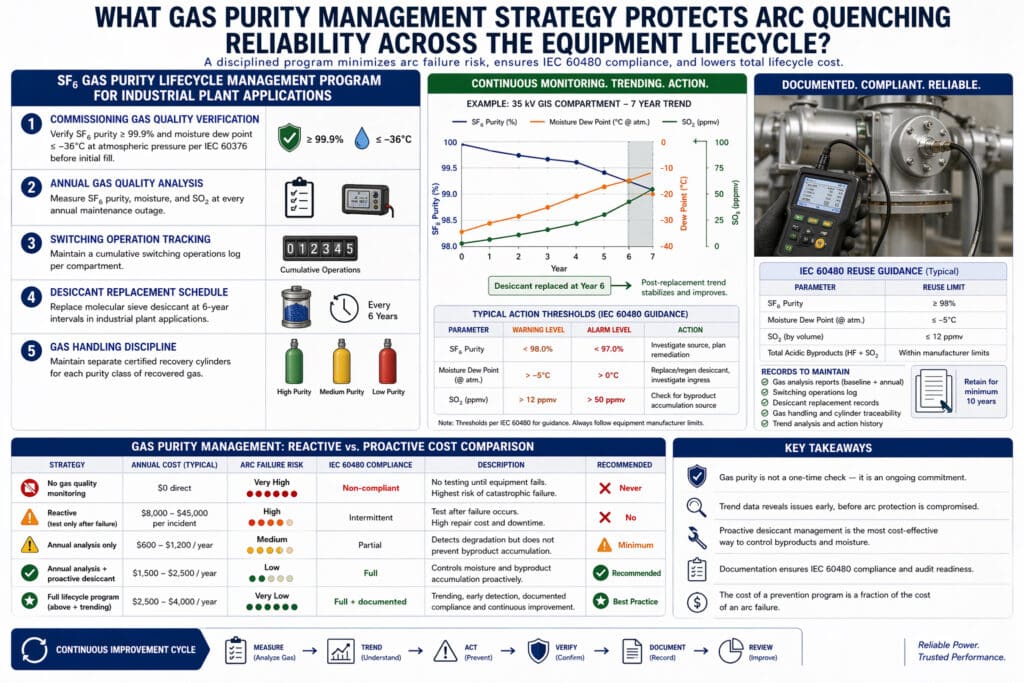 Technical infographic outlining an SF₆ gas purity lifecycle management strategy for industrial plant equipment, showing commissioning verification, annual analysis, desiccant replacement, gas handling discipline, trend monitoring, and cost comparison between reactive and proactive