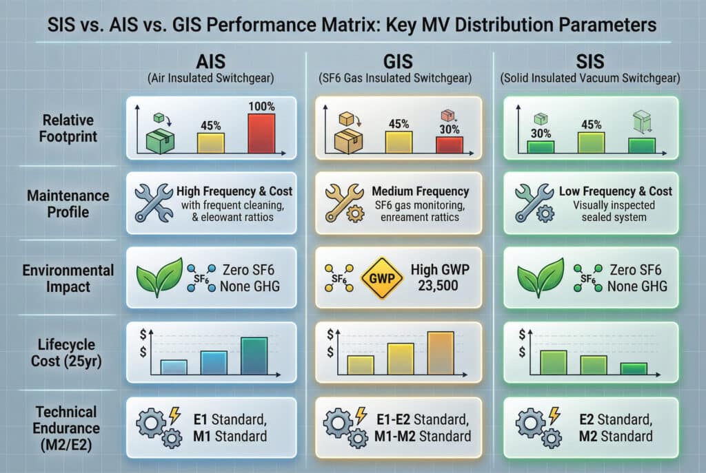 Uma matriz de visualização de dados infográficos técnicos abrangente que compara os comutadores AIS, GIS e SIS (vácuo com isolamento sólido) em cinco parâmetros críticos de desempenho: Pegada ecológica, frequência de manutenção, impacto ambiental (incluindo SF6 GWP), custo do ciclo de vida (25 anos) e resistência técnica. Este gráfico abstrato ilustra os principais benefícios discutidos no artigo.