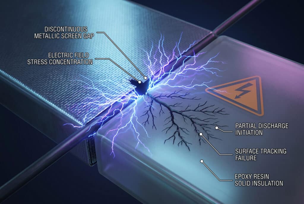 An illustrative diagram visualizing a dangerous failure mode in high-voltage SIS switchgear caused by a discontinuous metallic surface screen. Chaotic blue and purple partial discharge lines erupt from a gap in the screen's continuity at a module joint, creating surface tracking on the epoxy insulation, demonstrating the consequence of engineering misconceptions. Detailed labels point to key components and failure states.