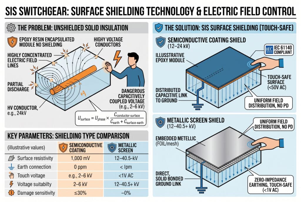 A technical infographic diagram titled 'SIS SWITCHGEAR: SURFACE SHIELDING TECHNOLOGY & ELECTRIC FIELD CONTROL' with two main parts. The left, 'THE PROBLEM: UNSHIELDED SOLID INSULATION', shows dangerous capacitive surface voltage and electric field stress on an illustrative epoxy module with formula callouts, a person's hand experiencing a shock, and lightning icons. The right, 'THE SOLUTION: SIS SURFACE SHIELDING (TOUCH-SAFE)', visualizes both 'SEMICONDUCTIVE COATING SHIELD (12–24 kV)' and 'METALLIC SCREEN SHIELD (12–40.5+ kV)' with ground connections, uniform electric fields, stylized hands touching safely, and 'IEC 61140 COMPLIANT' callouts for <50V / <1V AC touch safety. A simplified table below, 'KEY PARAMETERS: SHIELDING TYPE COMPARISON', compares surface resistivity, earth connection, touch voltage, voltage suitabilty, and damage sensitivity for both types with icons and illustrative values. The diagram is clean vector, professional, and full of icons.