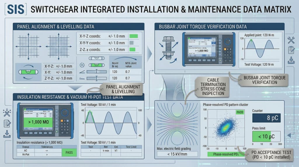 Uma tabela de matriz de dados técnicos para instalação e manutenção integradas de comutadores SIS. Apresenta dados de verificação em quatro secções: alinhamento do painel (coordenadas), binário da junta do barramento, testes de isolamento e vácuo (resistência, formas de onda) e testes de descarga parcial (PD) e classificação no terreno. Os indicadores-chave, como o valor PD (8 pC), têm sinais de aprovação, apoiando a gestão do ciclo de vida do painel de distribuição.