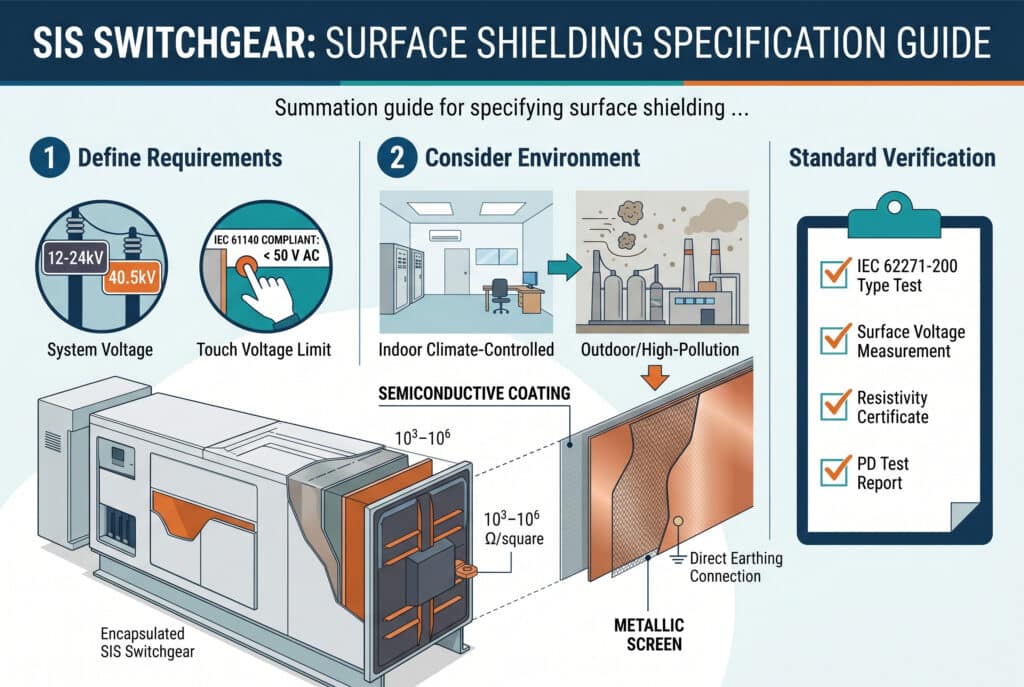 A technical infographic in a clean graphic style, designed as a selection guide for specifying surface shielding in Solid Insulation Switchgear (SIS) for high-voltage substation projects. It features a detailed illustration of an encapsulated SIS switchgear module with a main title: "SIS SWITCHGEAR: SURFACE SHIELDING SPECIFICATION GUIDE". The infographic is structured logically, showing how to correctly define requirements (system voltage, touch voltage limits), consider environmental conditions (controlled indoor vs. outdoor/polluted), and verify compliance with standards and certifications. It visually contrasts the two key technologies: semiconductive coating and metallic screen, highlighting key technical parameters. Small icons represent tests like IEC type tests and partial discharge.
