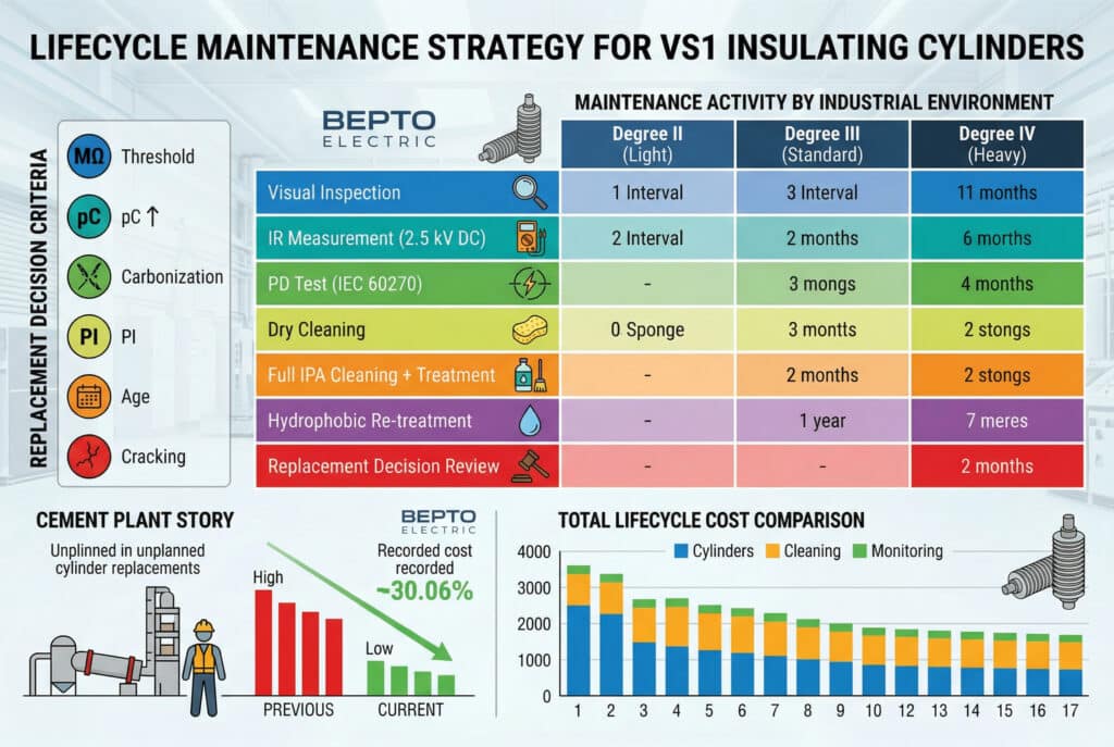 Visualisation infographique détaillée d'un plan de maintenance du cycle de vie des cylindres isolants VS1, illustrant les intervalles de maintenance selon les catégories environnementales, les critères de décision de remplacement et les réductions documentées des coûts et des défaillances obtenues grâce à une stratégie proactive, le tout pour préserver la rigidité diélectrique.