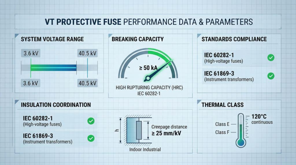 Ein hochauflösendes, datengesteuertes technisches Dashboard mit dem Titel "VT PROTECTIVE FUSE PERFORMANCE DATA & PARAMETERS", das sich auf technische Kennzahlen für Mittelspannungssicherungen konzentriert. Aufgeteilt in strukturierte Panels in den Farben Blau, Grün und Grau werden der Systemspannungsbereich (3,6kV - 40,5kV), das Ausschaltvermögen (≥50kA, in einem grün hervorgehobenen Kreis), die Konformität mit IEC 60282-1 und IEC 61869-3 (mit grünen Häkchen), die Anforderungen an die Isolationskoordination (Kriechstrecke ≥25mm/kV) und die Wärmeklasse (Klasse E & F) dargestellt. Technische Symbole und klarer englischer Text definieren die einzelnen Abschnitte und stellen eher eine funktionale Visualisierung als ein Produktbild dar.