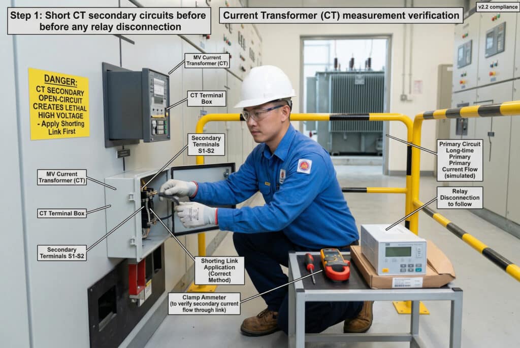 Detailed technical illustration depicting the correct application of a current transformer (CT) shorting link by an East Asian commissioning engineer in a medium voltage substation interior. The image highlights Step 1: "Short CT secondary circuits before any relay disconnection" to ensure safety. The engineer, wearing appropriate PPE, secures the S1 and S2 secondary terminals within an open CT terminal box while an electromechanical relay remains connected, preventing high-voltage hazards. Text labels point to "CT Terminal Box", "Shorting Link Application", and a "Clamp Ammeter" used to verify secondary current flow through the link.