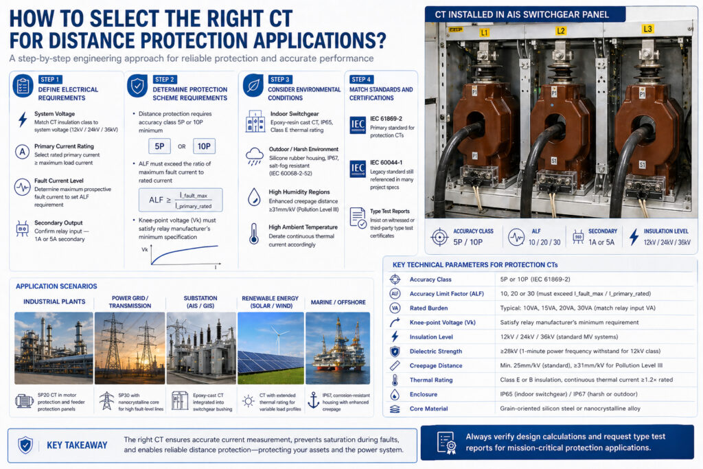 Elektrik gereksinimleri, koruma sınıfı, ALF, diz noktası gerilimi, çevre koşulları, standartlar ve endüstriyel tesisler, iletim hatları, trafo merkezleri, yenilenebilir enerji ve açık deniz sistemleri gibi uygulama senaryolarına göre mesafe koruması için doğru akım trafosunun nasıl seçileceğini gösteren mühendislik infografiği.