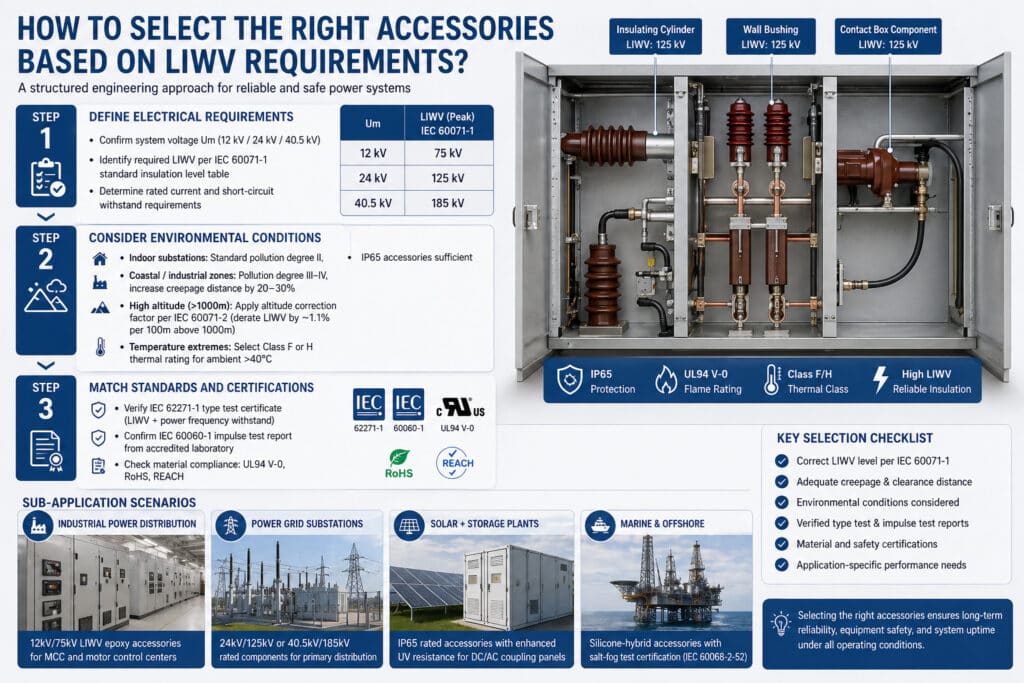 Sistem voltaj seviyeleri, çevresel değer kaybı faktörleri, IEC sertifikasyon kontrolleri ve trafo merkezleri, güneş enerjisi santralleri ve deniz açık deniz sistemleri gibi uygulama senaryoları dahil olmak üzere LIWV gereksinimlerine göre orta gerilim hava yalıtımlı aksesuarların nasıl seçileceğini gösteren yapılandırılmış teknik bilgi grafiği.