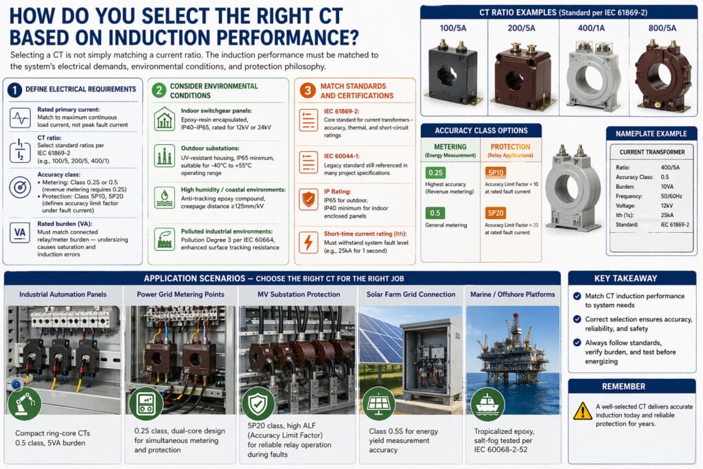 Infografia de seleção de TC estruturado que mostra como escolher o transformador de corrente correto com base em requisitos eléctricos, condições ambientais, normas IEC, classe de precisão, classificação de carga e cenários de aplicação, como subestações de MT, parques solares, painéis industriais e plataformas offshore.