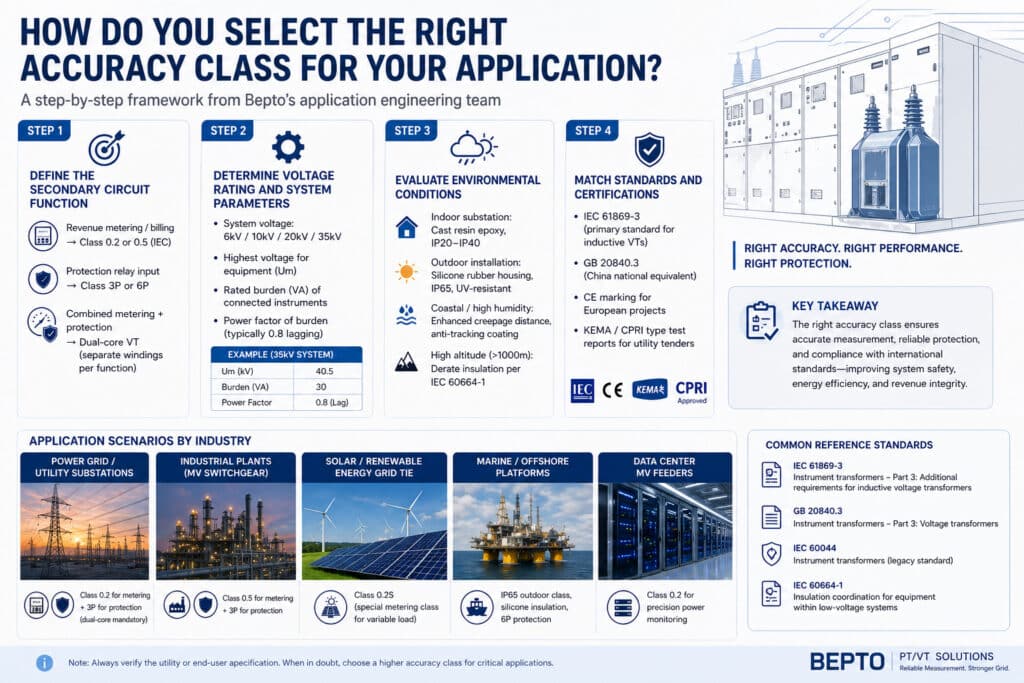 Devre işlevi, voltaj değeri, ortam, standartlar ve endüstri uygulama senaryolarına göre doğru voltaj transformatörü doğruluk sınıfının nasıl seçileceğini açıklayan adım adım teknik bilgi grafiği, şalt sistemine monte edilmiş 35kV iç mekan PT/VT ile.