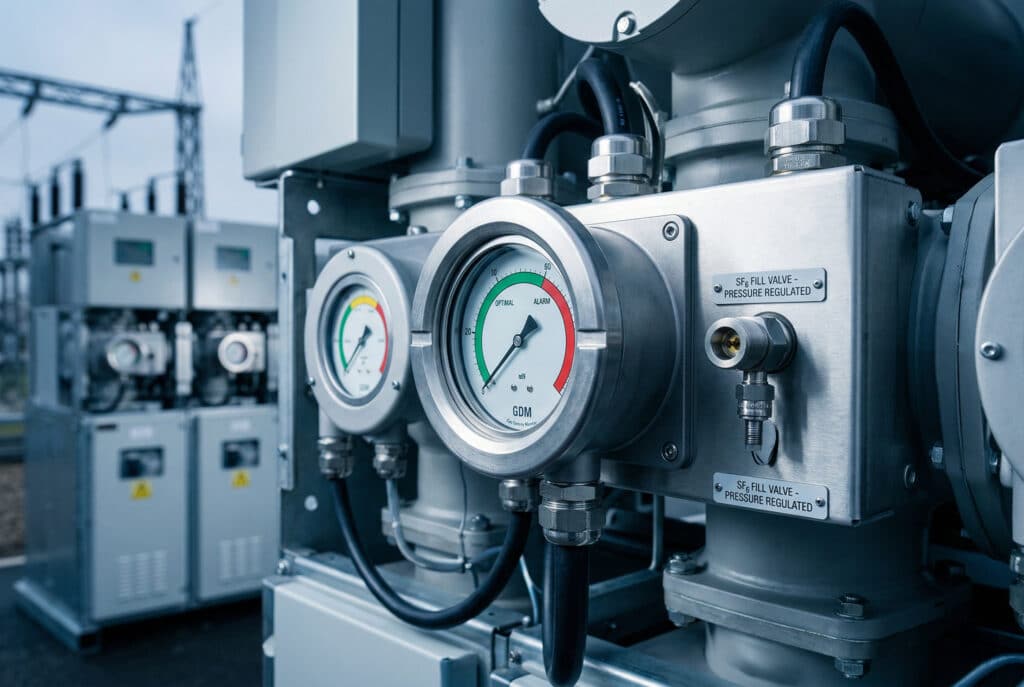 SF6ガス密度モニターと中電圧開閉器ユニット上の一体型セルフシール充填バルブのクローズアップ写真で、センサーを保護する金属製ハウジングと信頼性の高い配電のための圧力調整設計が強調されている。.