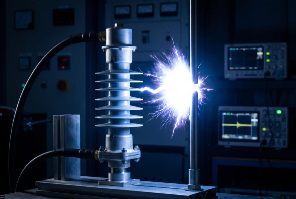 Modern bir orta gerilim hava yalıtımlı kompozit izolatör, yüksek gerilim test düzeneğinin merkezinde yer almaktadır. Parlak, güçlü, yapay bir yıldırım darbesi deşarjı, izolatörün bitişiğindeki kalibre edilmiş bir çubuk boşluğu boyunca yoğun bir şekilde yanıp sönerek şiddetli geçici voltaj stresini gösterir. Ölçüm ekipmanı ve osiloskoplar karanlık mühendislik laboratuvarı arka planında bulanıklaştırılmıştır.