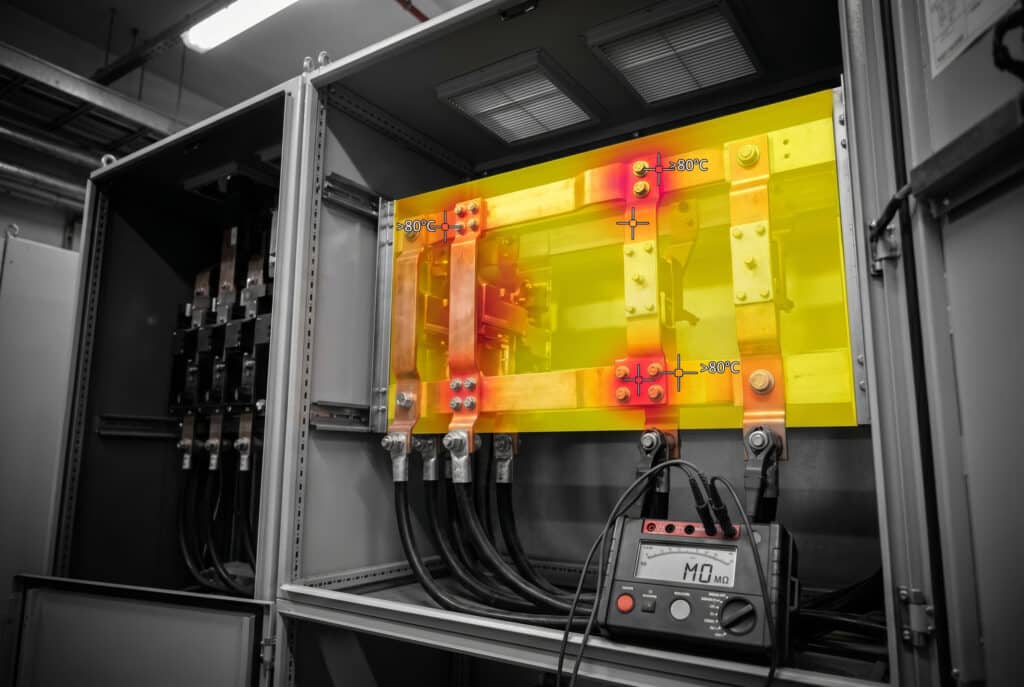 Một mô phỏng kỹ thuật về quá trình khắc phục sự cố quá nhiệt do hệ thống thông gió gây ra đối với tủ công tắc ngắt tải công nghiệp (LBS), kết hợp giữa hình ảnh bên trong thực tế với lớp phủ hình ảnh nhiệt mô phỏng và thiết bị kiểm tra điện trở cách điện để xác định chính xác các điểm nóng tiềm ẩn tại các mối nối thanh cái.